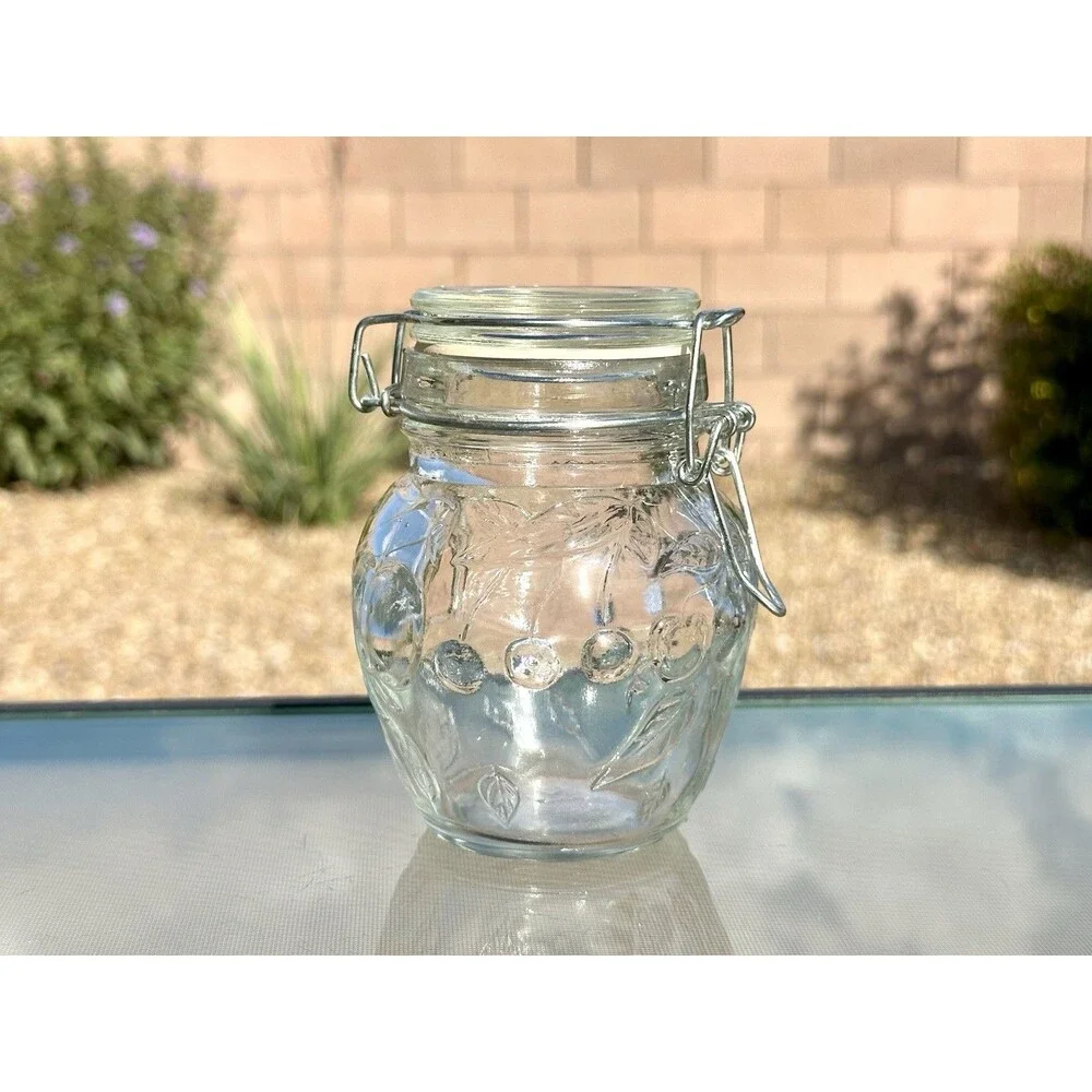 Embossed Vintage Glass Jar With Locking Lid Mason Style Jar, Canning Fruit Motif